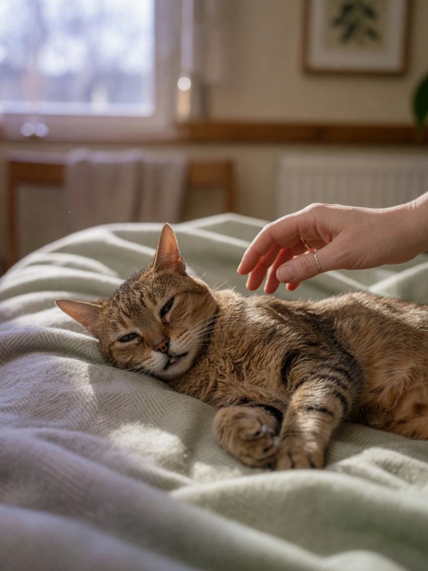 Sick cat showing lethargy and reduced appetite, lying on a blanket with owner's concerned hand nearby