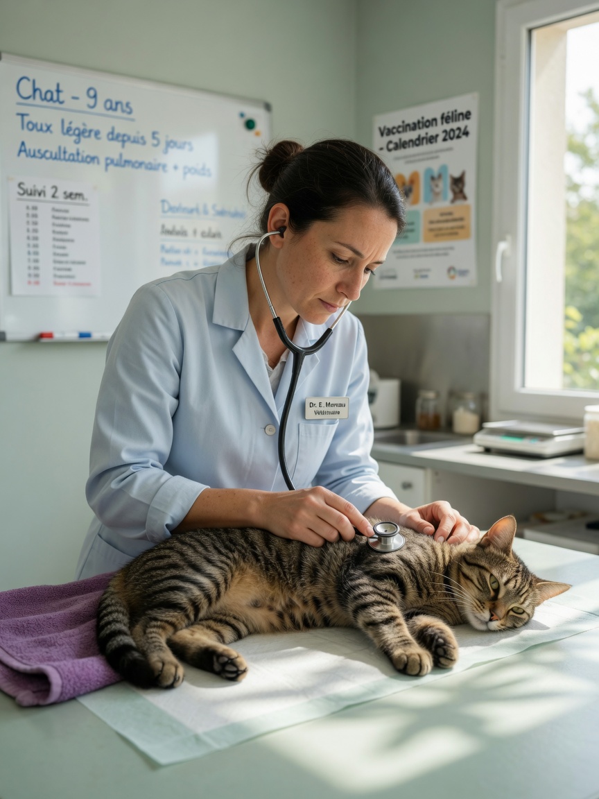 Veterinarian examining tabby cat's chest with stethoscope during pneumonia diagnosis