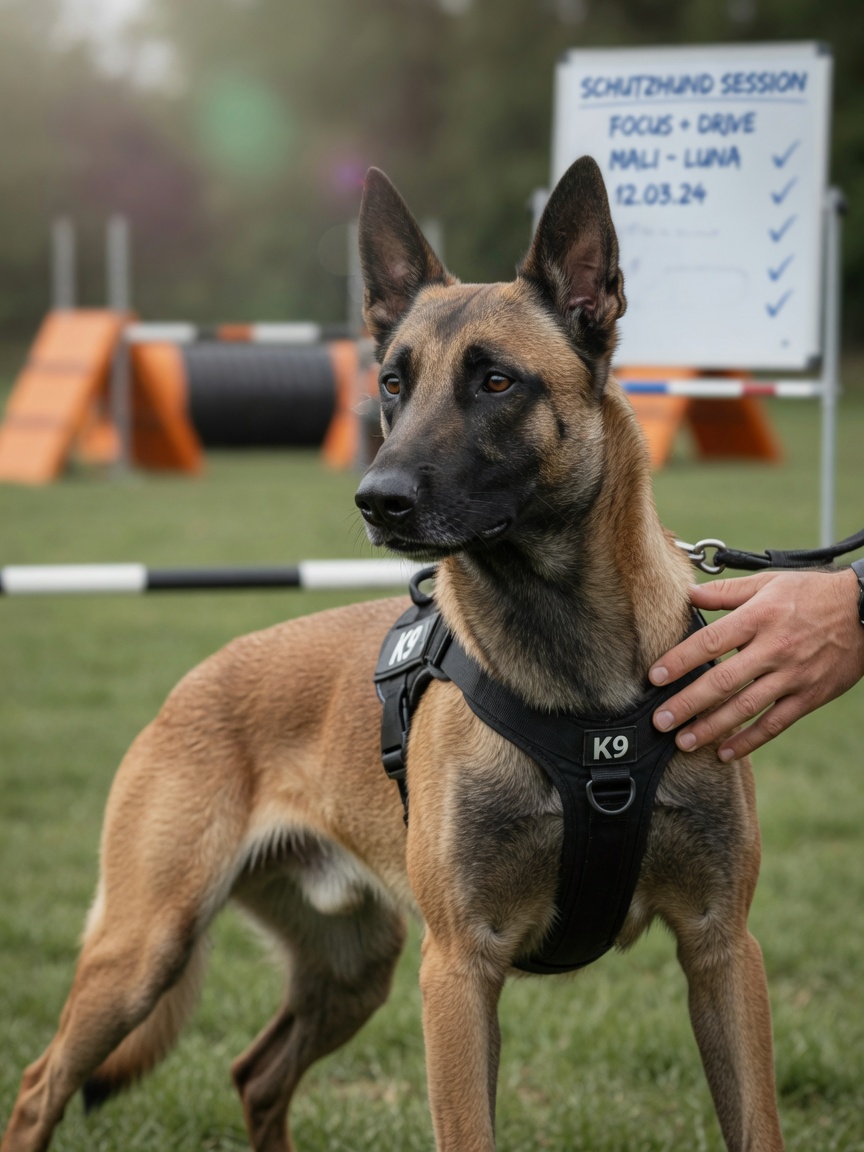Belgian Malinois cane della polizia in imbracatura durante l'addestramento con addestratore nelle vicinanze