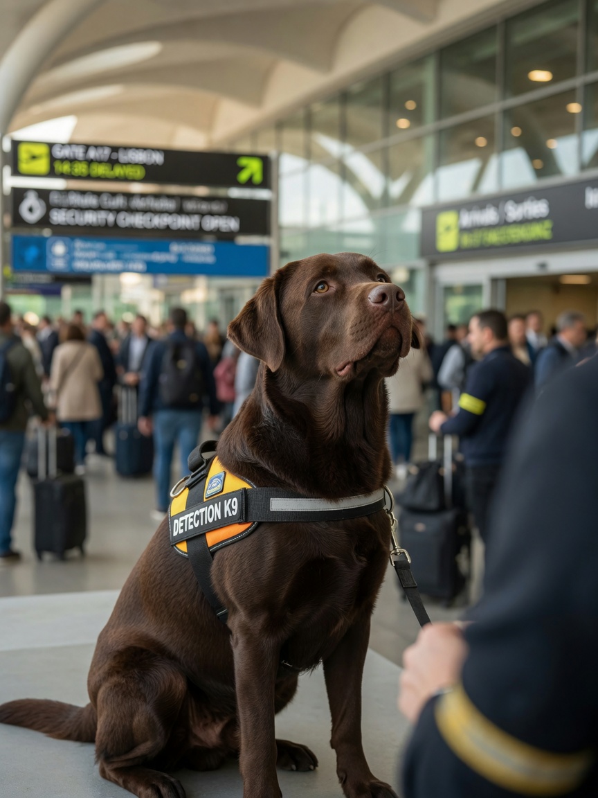 Cane rilevatore Labrador Retriever marrone al lavoro al terminal dell'aeroporto nello spazio pubblico