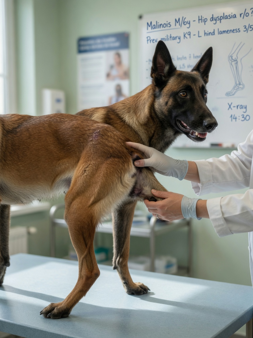Veterinarian examining Belgian Malinois rear leg for musculoskeletal injury during clinic evaluation