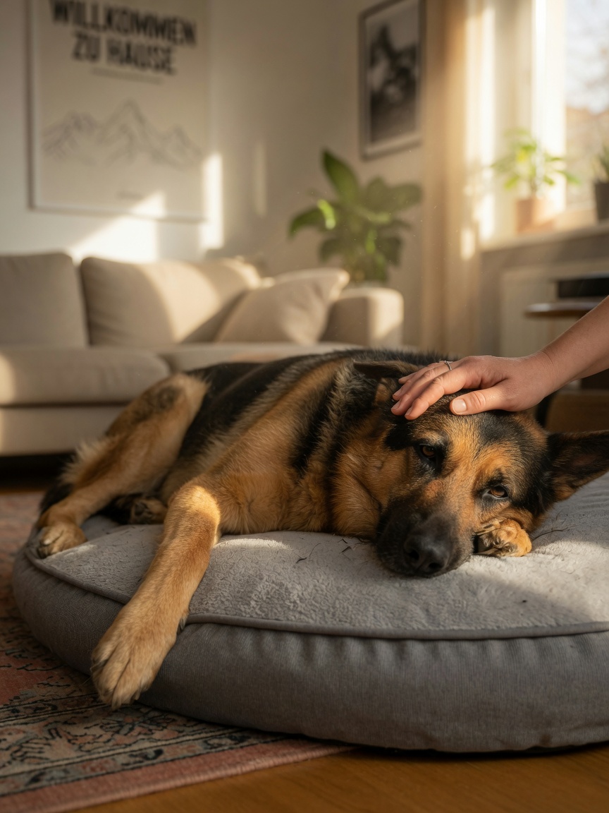 Retired German Shepherd military dog resting peacefully on bed with handler's comforting hand