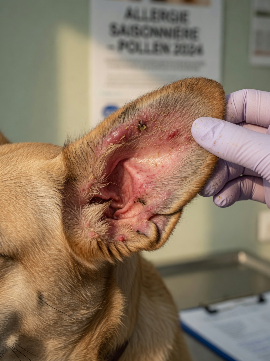 Close-up van ontstoken hondenoor met roodheid en irritatie door seizoensgebonden stuifmeelallergie