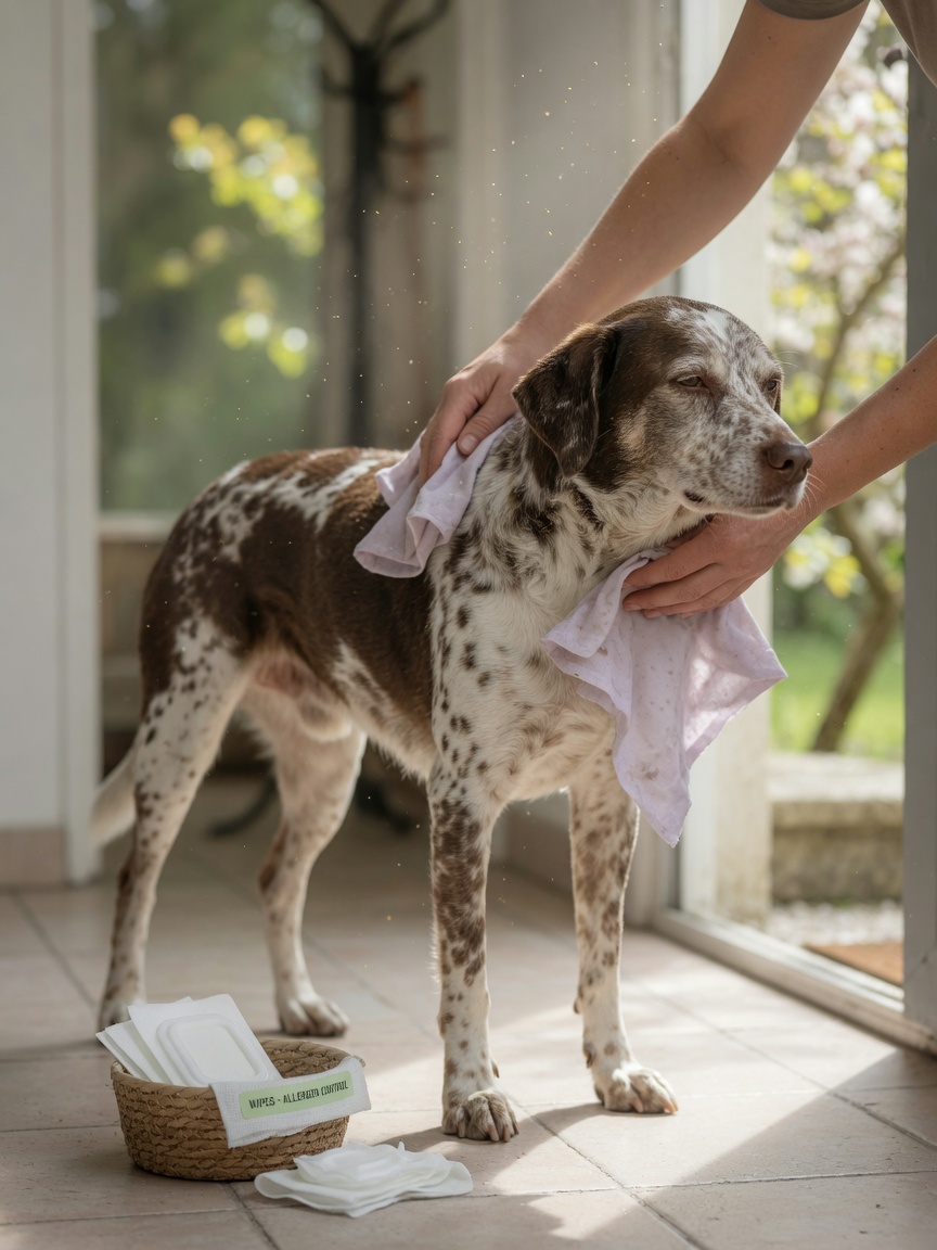 Eigenaar die de vacht en poten van de hond met een vochtige doek afveegt om stuifmeel te verwijderen na een buitenspel