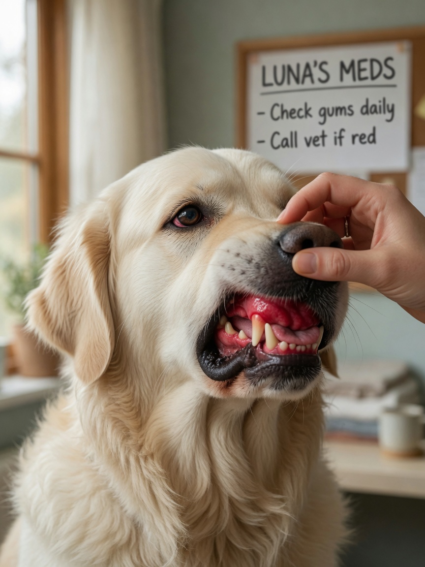 Close-up of a dog's engorged red gums and conjunctiva showing clinical signs of polycythaemia