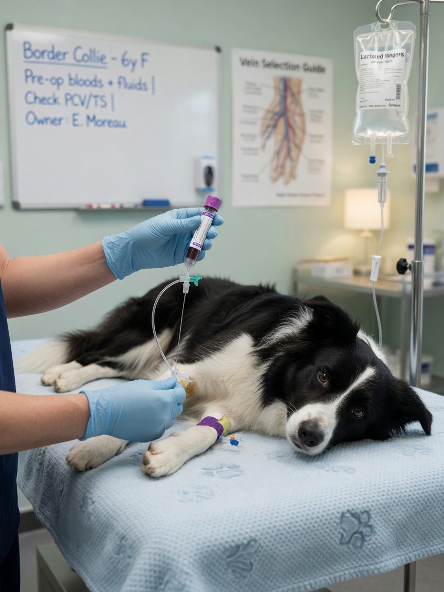 Veterinary nurse preparing phlebotomy procedure with collection equipment during polycythaemia treatment