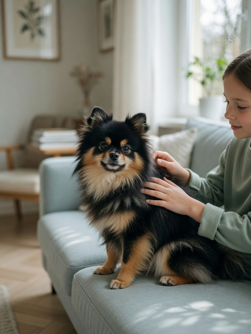 A small Pomeranian with black and tan coat sitting beside an older child, showing calm, gentle interaction