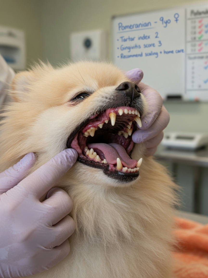 Veterinary examination of a Pomeranian's teeth and gums showing dental disease assessment