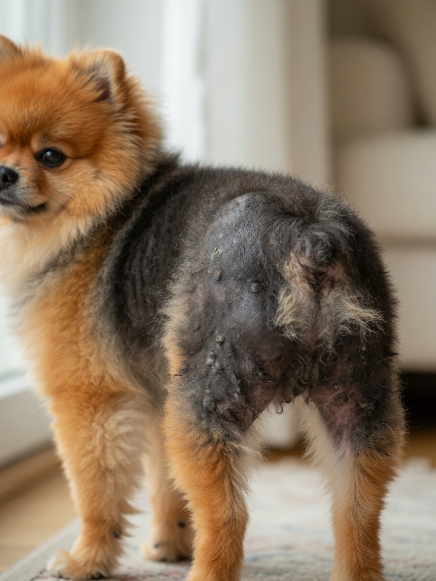 Pomeranian displaying symmetrical hair loss on rump and thighs with hyperpigmented skin from alopecia X