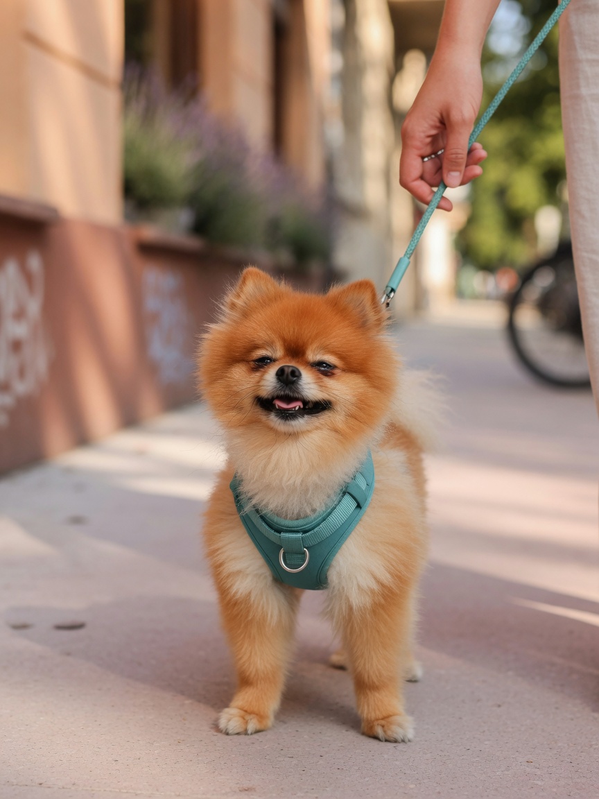 Pomeranian wearing harness during outdoor walk, showing signs of respiratory distress from tracheal collapse