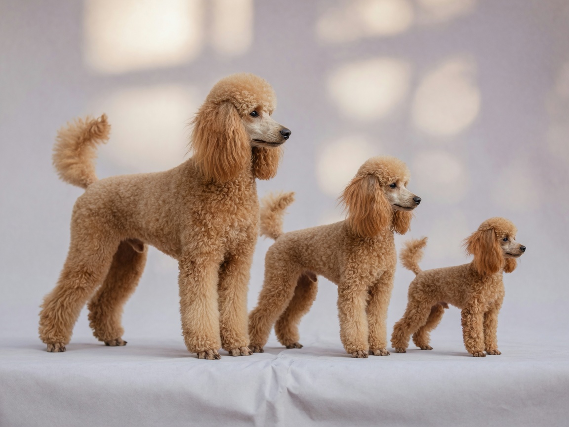 Three Poodles in different sizes standing side by side showing Standard, Miniature and Toy varieties