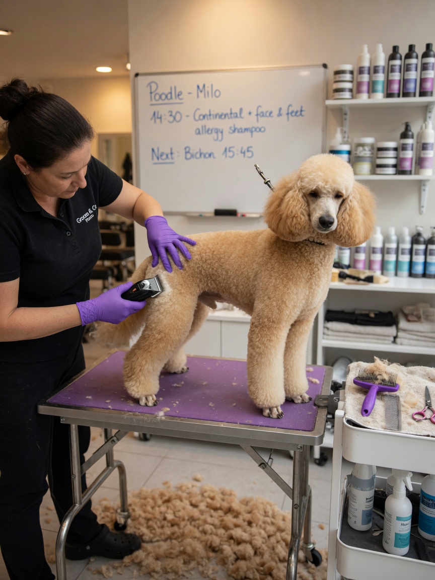 Professional groomer trimming a Standard Poodle's curly coat in a salon setting