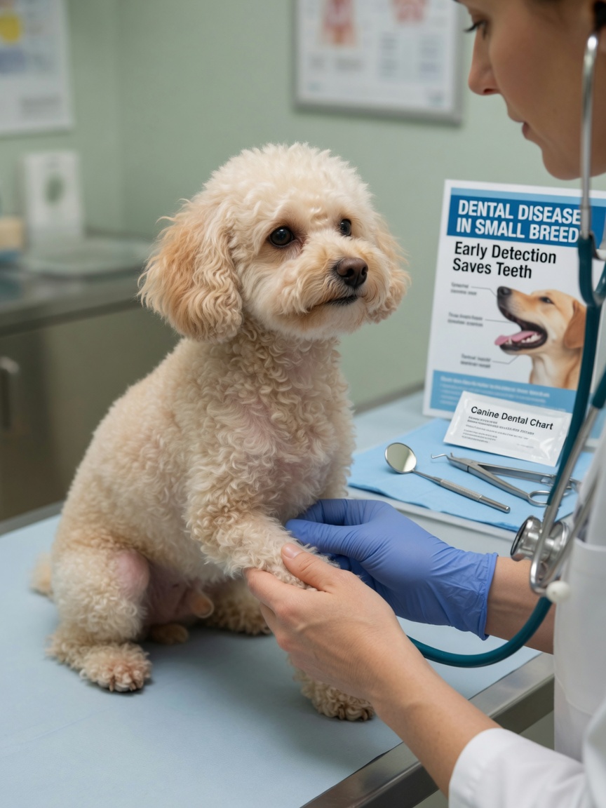 Veterinarian examining a Toy Poodle's knee and leg during health assessment