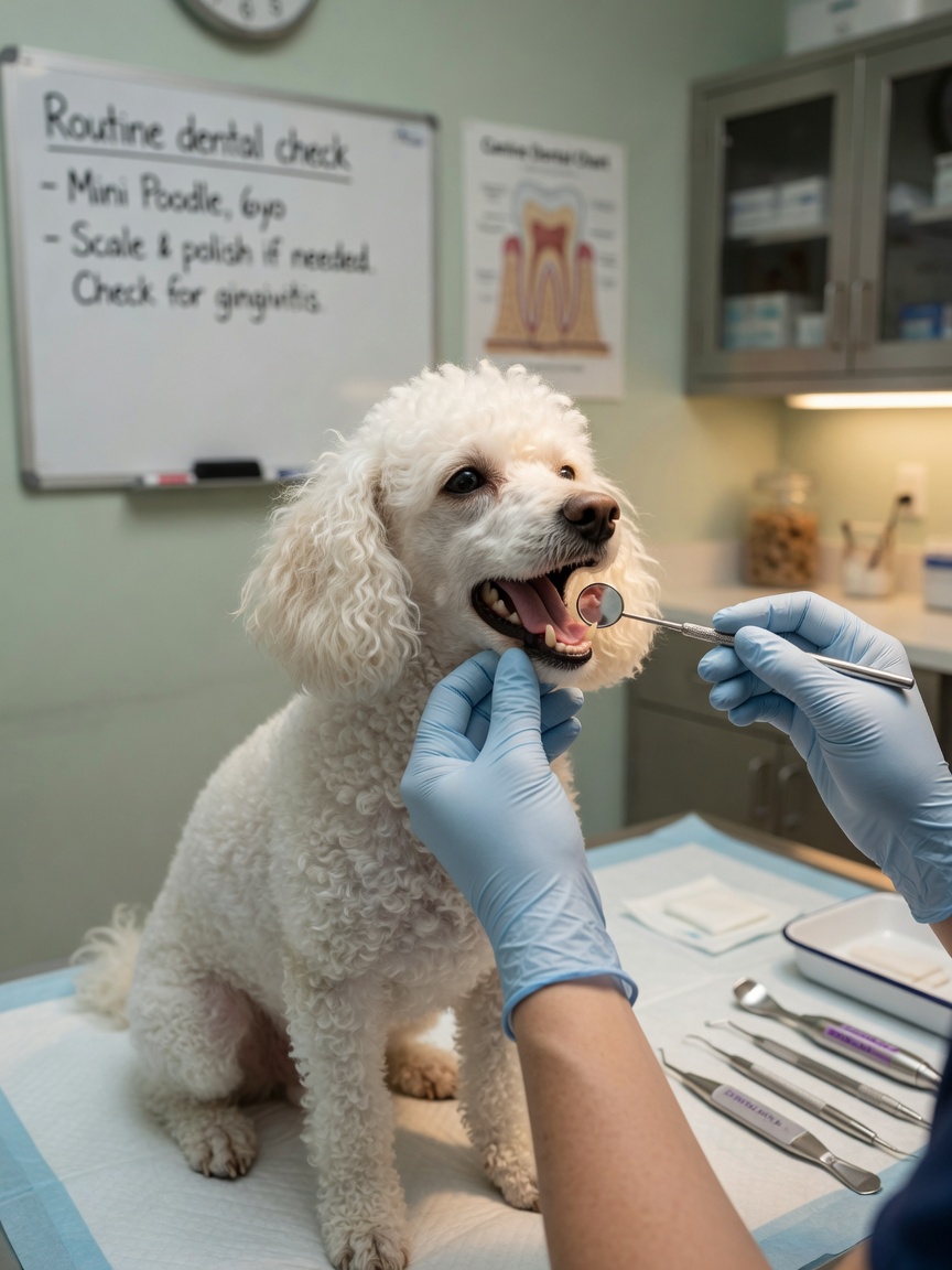 Veterinarian performing dental examination on a Miniature Poodle's teeth and gums