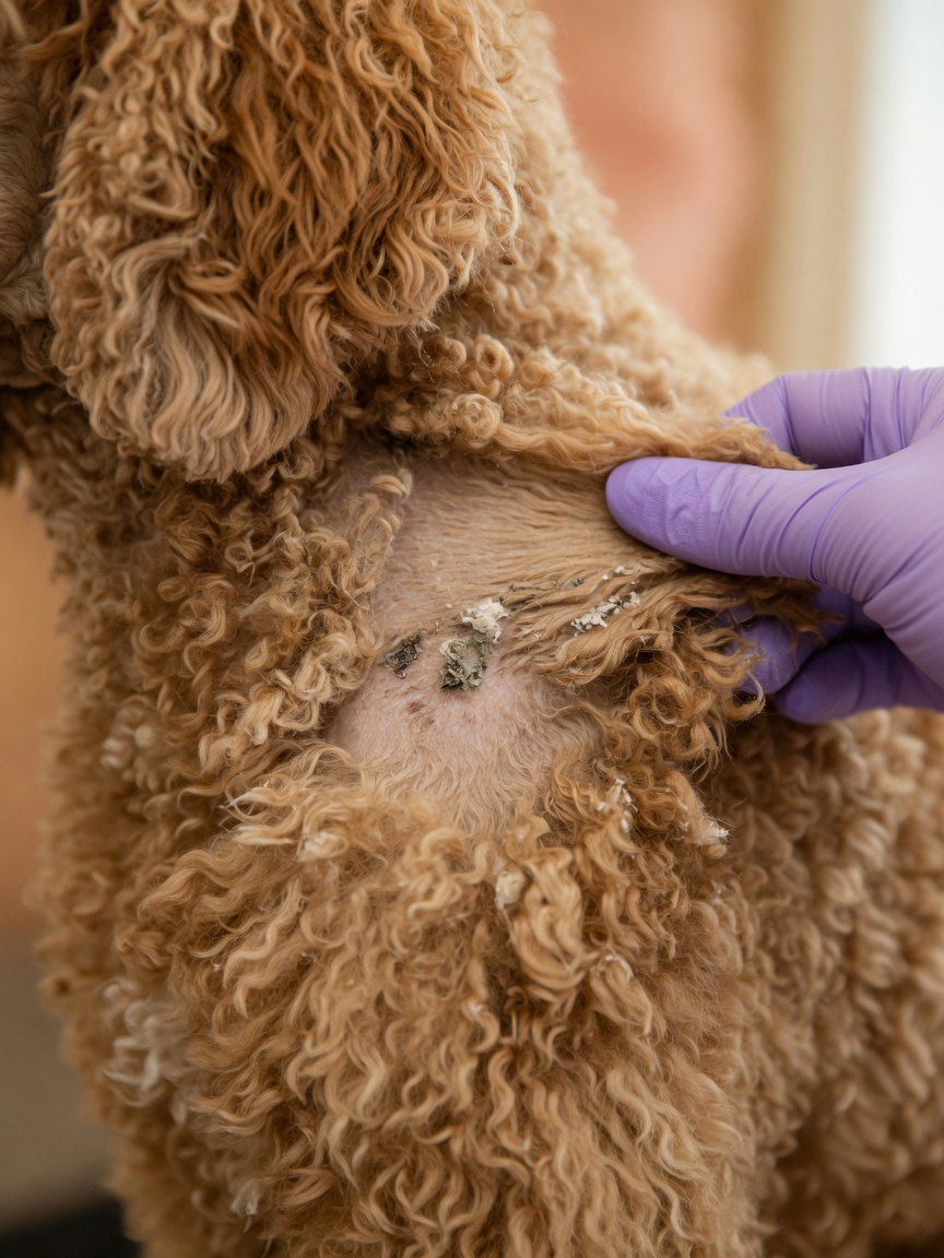 Close-up of Poodle's dry, flaky coat showing sebaceous adenitis symptoms