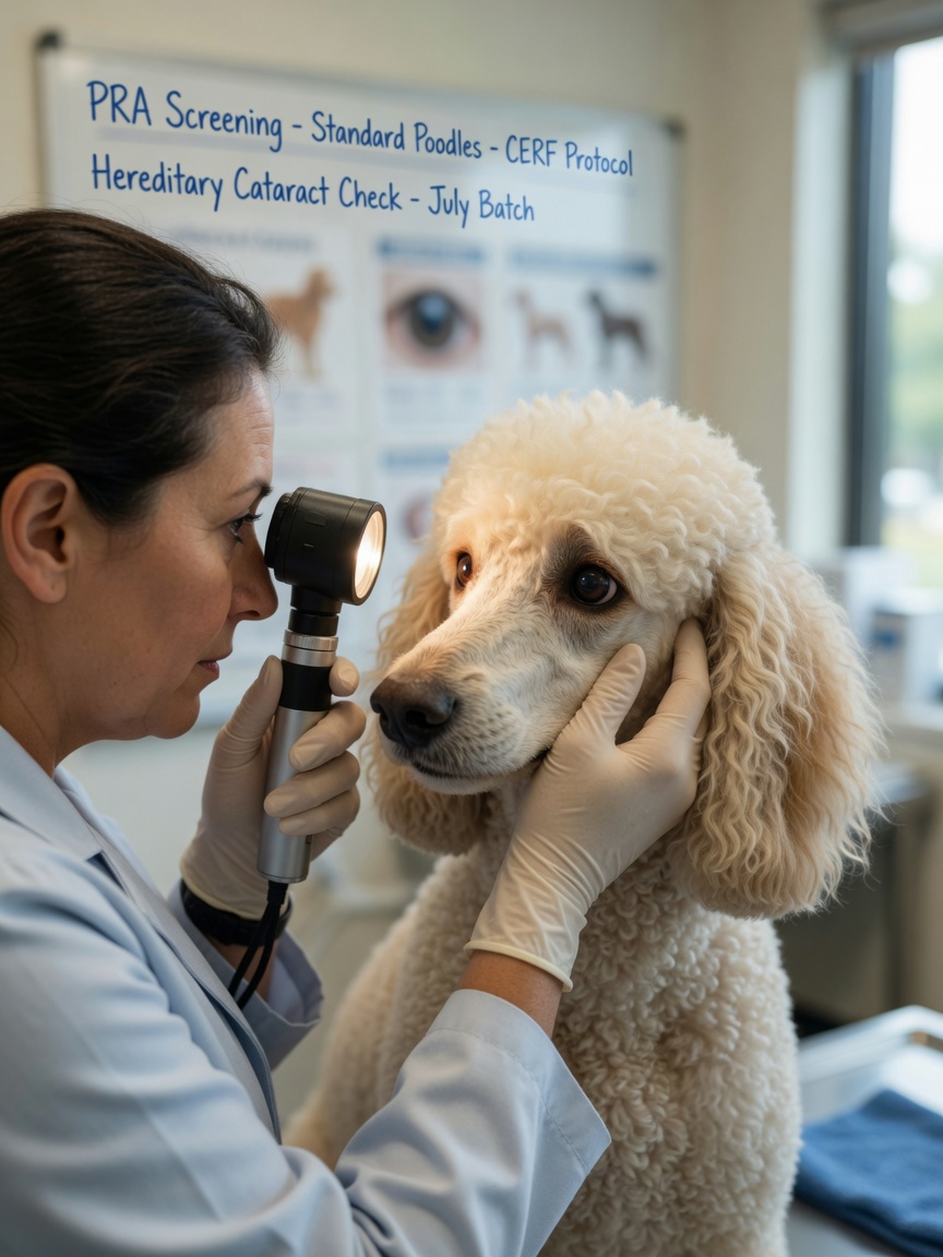 Veterinary ophthalmologist performing eye examination on Standard Poodle