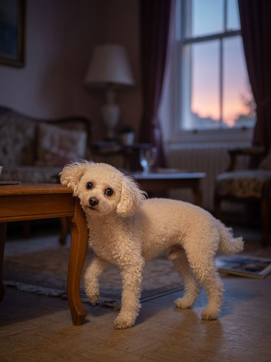 Toy Poodle navigating dimly lit room with signs of night blindness and cautious behavior