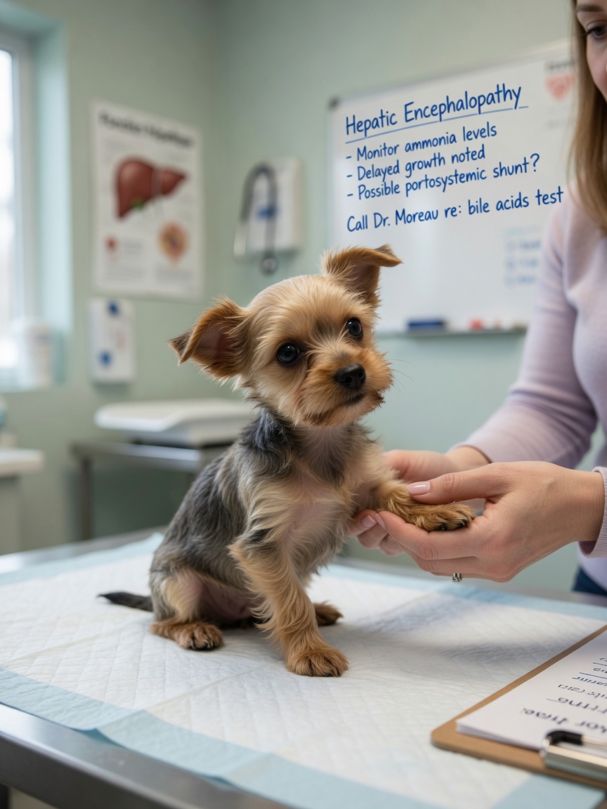 Yorkshire Terrier showing signs of hepatic encephalopathy with disoriented expression during veterinary examination