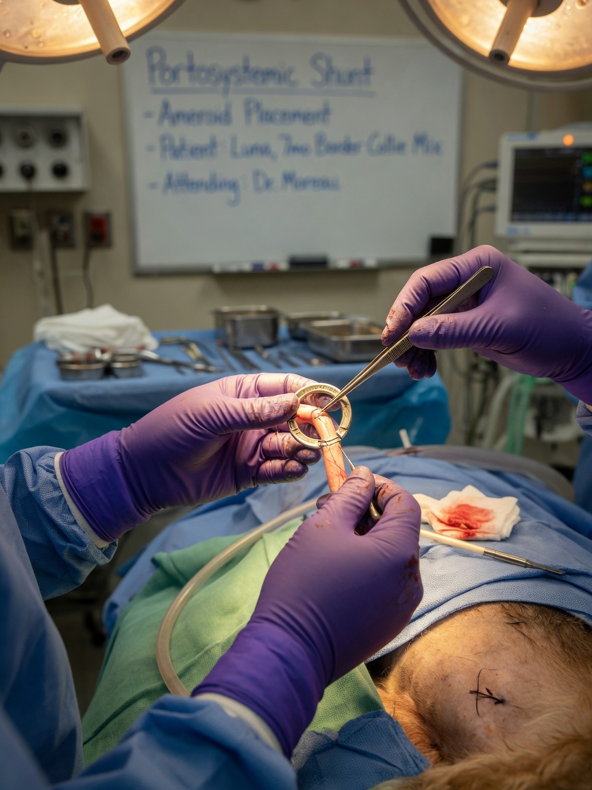 Veterinary surgeon performing surgical correction of portosystemic shunt using Ameroid constrictor device