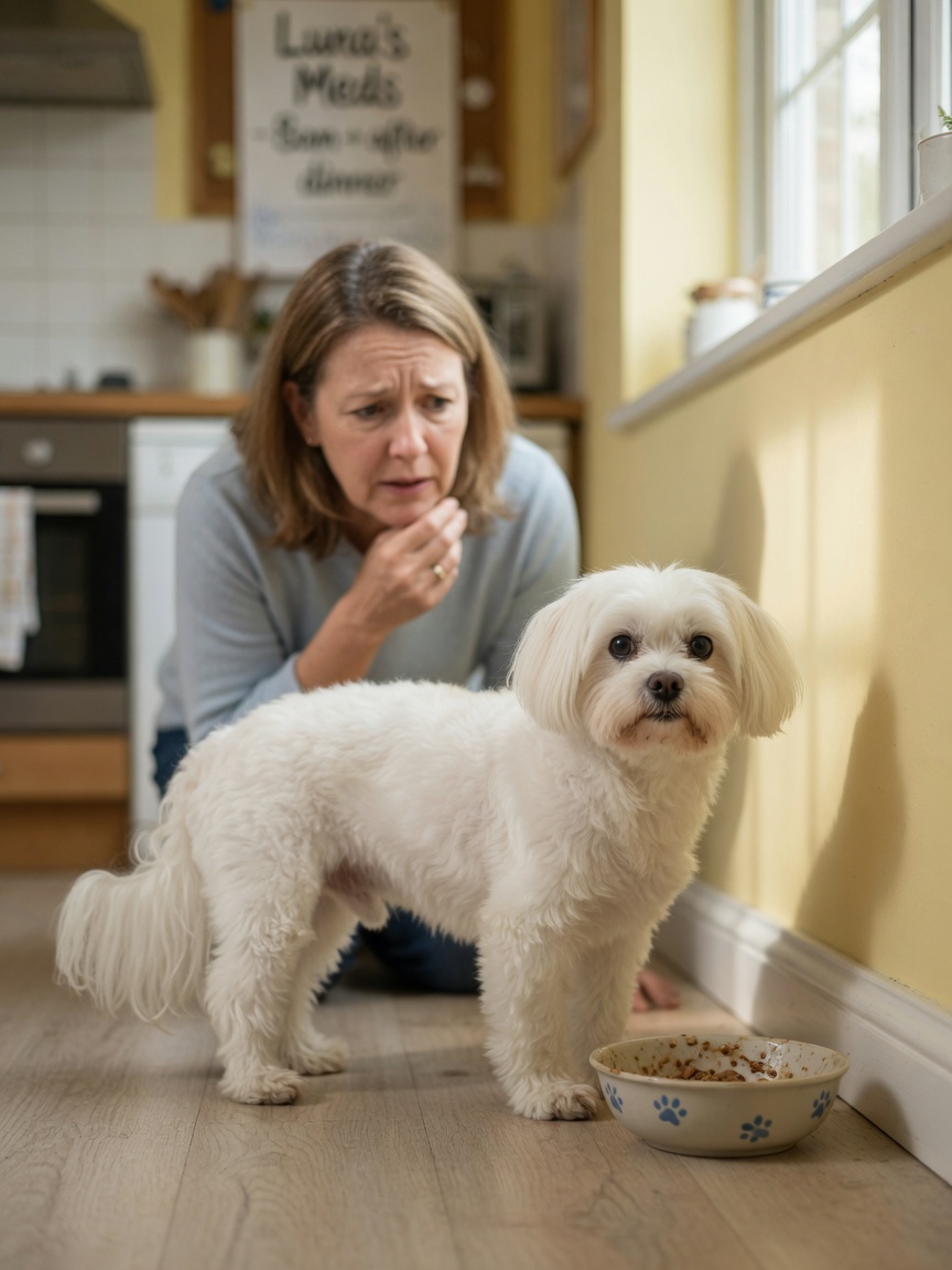 Small dog showing disorientation and vacant staring after meal, demonstrating hepatic encephalopathy symptoms