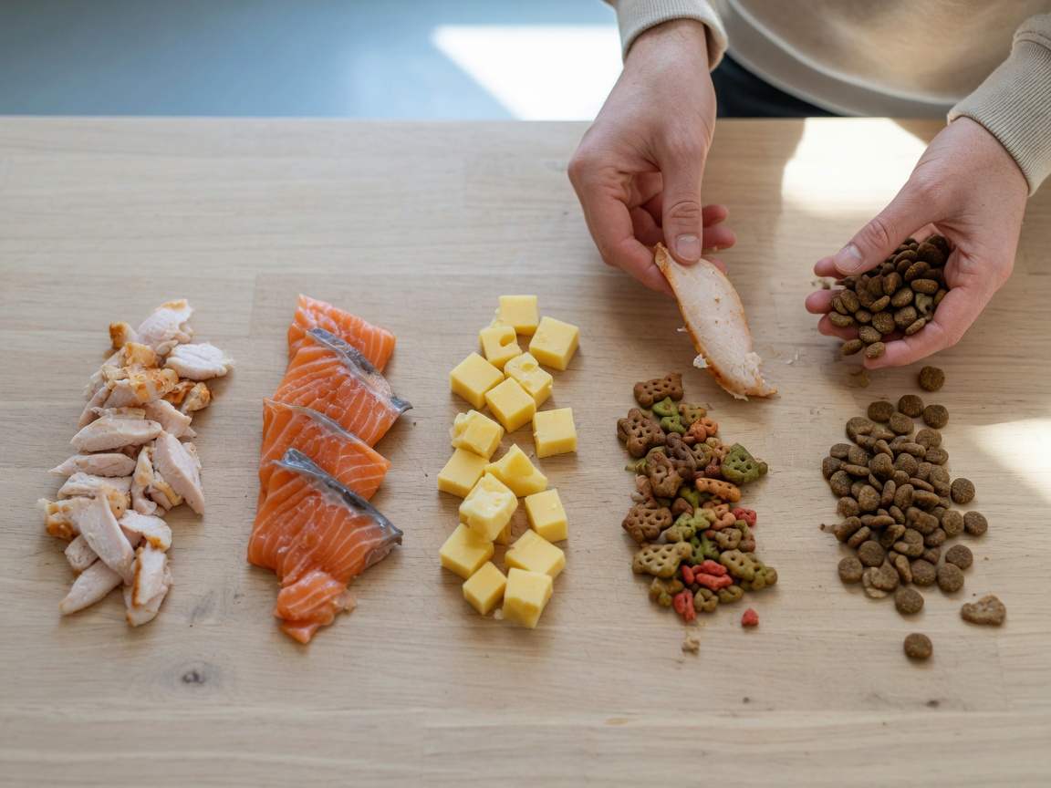 Vue de dessus de la hiérarchie des récompenses d'entraînement pour chiens : viandes de haute valeur, fromage et friandises commerciales arrangés par niveau de valeur