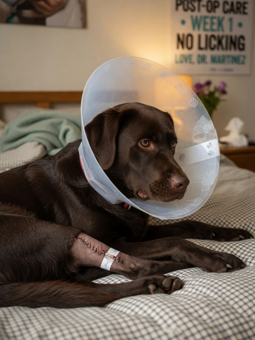 Chocolate Labrador wearing soft foam recovery collar preventing access to surgical site on leg