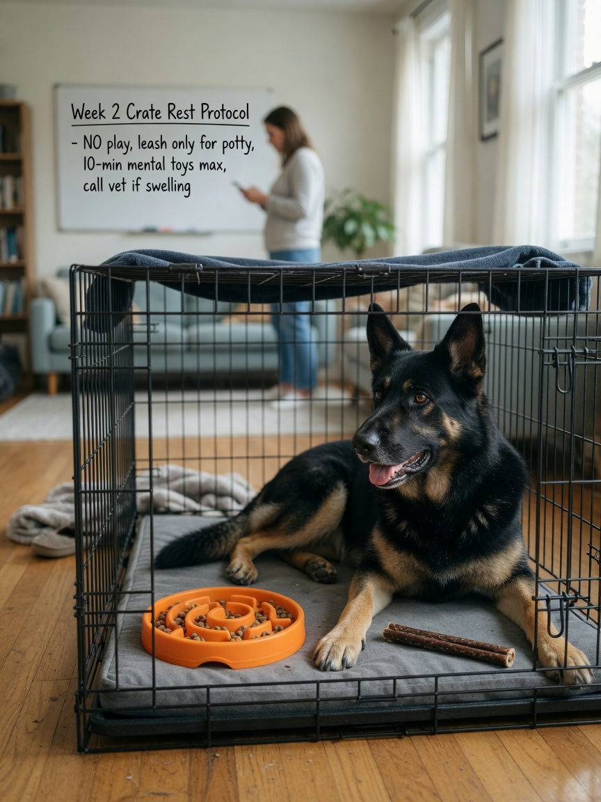 German Shepherd resting in crate with mental enrichment toys during post-operative activity restriction recovery period