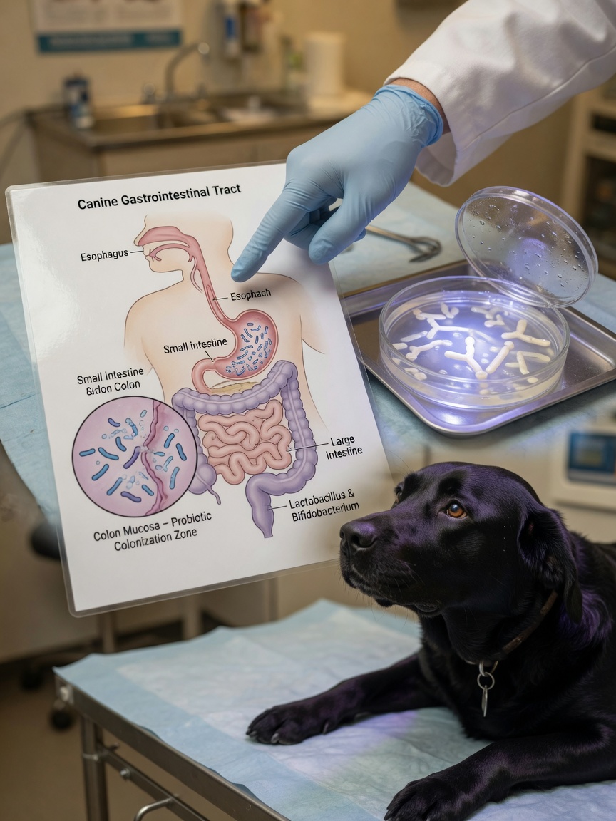 Veterinary examination showing digestive system diagram and probiotic cultures with a black Labrador observing the educational materials