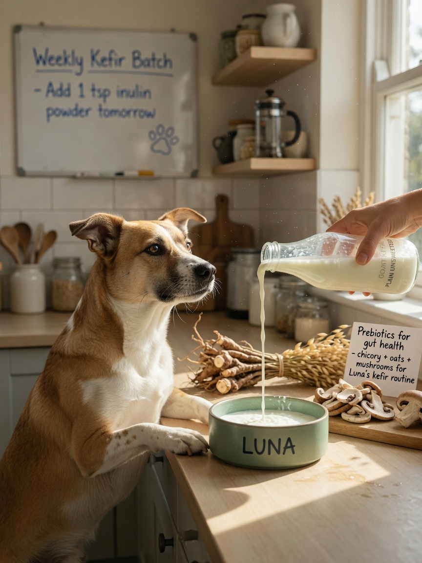 Owner pouring fermented kefir into a dog bowl in a bright kitchen with prebiotic ingredients visible on the counter