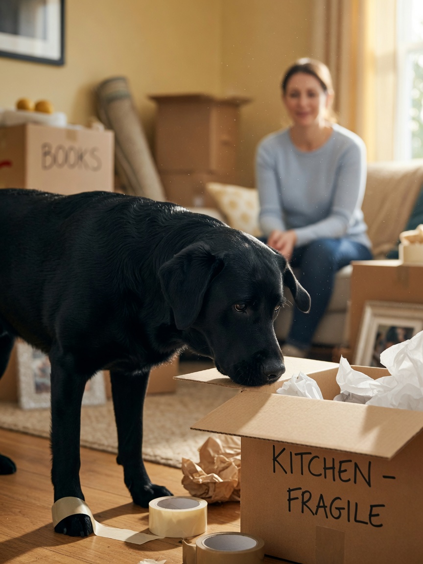 Black labrador sniffing a cardboard moving box while exploring the packing process