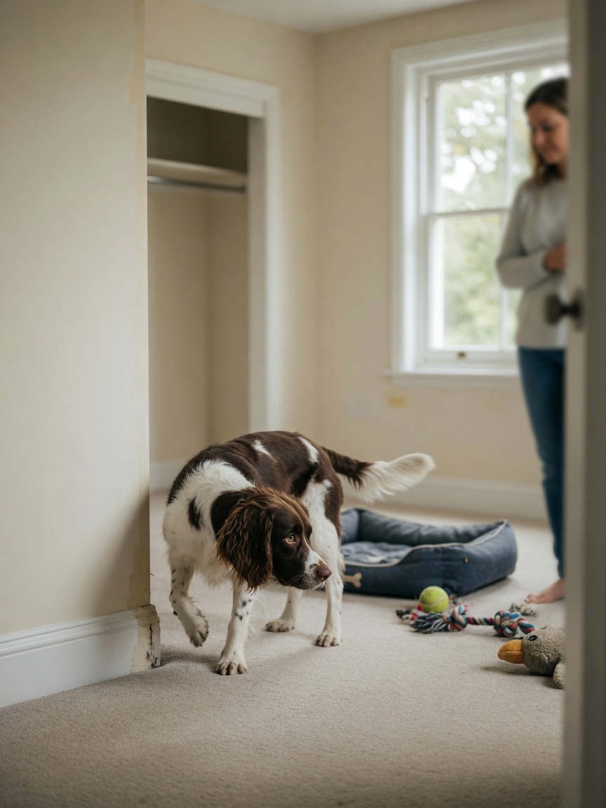Springer spaniel exploring and scent-marking a new bedroom, adjusting to the new home