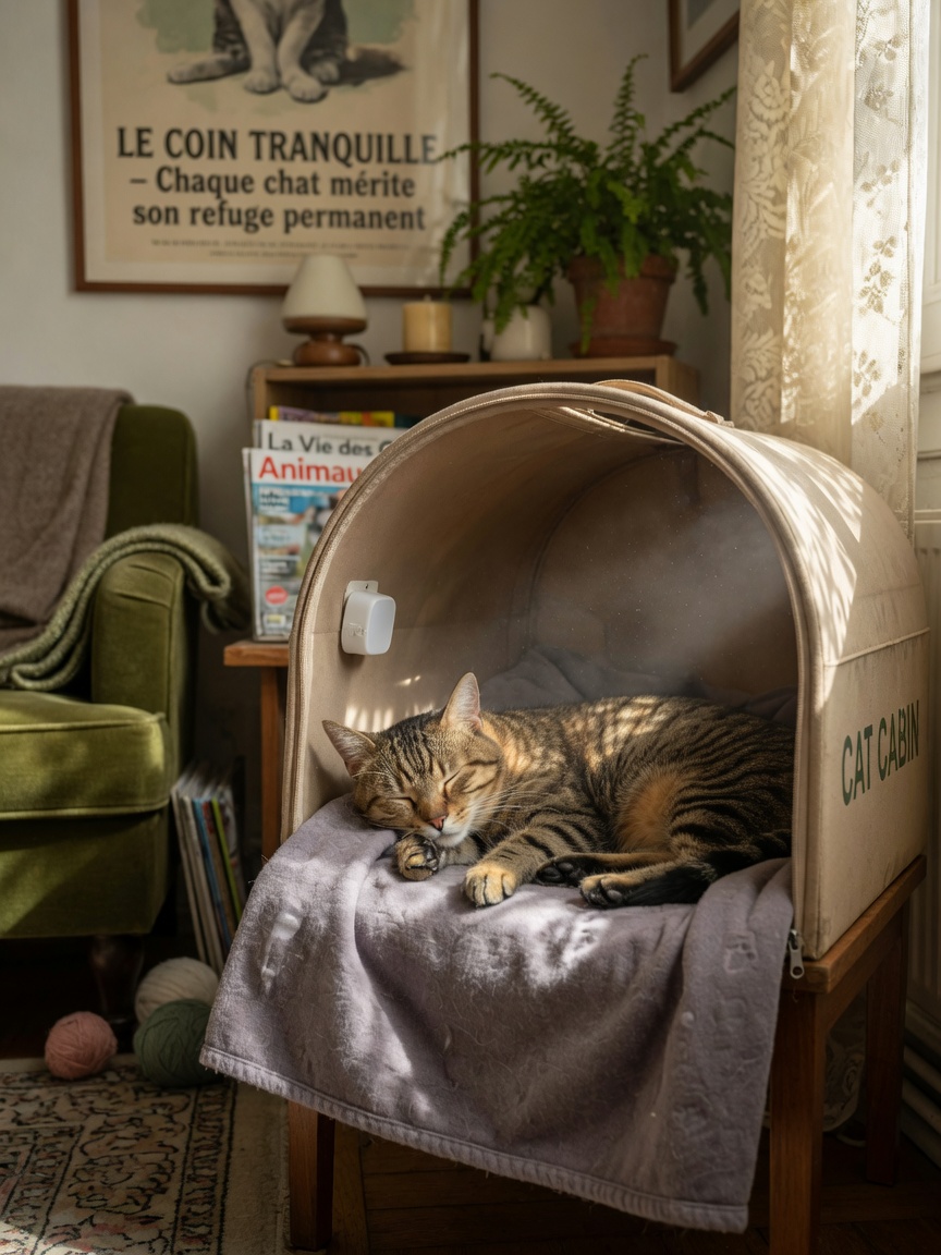 Relaxed tabby cat voluntarily resting in an open carrier as household furniture