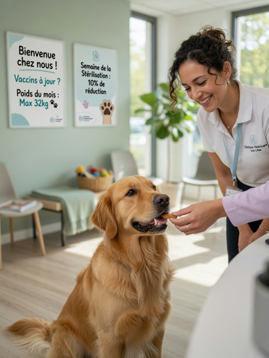 Golden retriever receiving treat during positive social visit to veterinary clinic