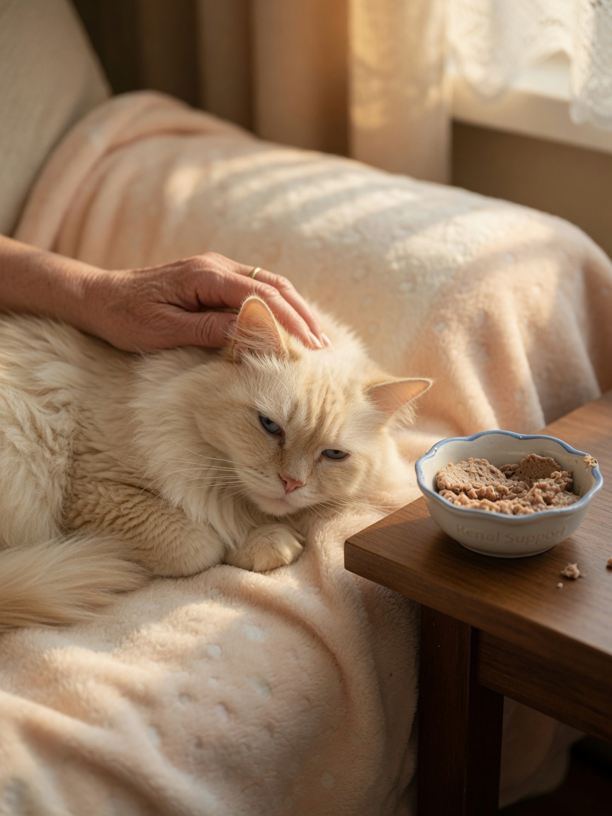 Elderly cream-colored cat resting peacefully while owner provides comfort care alongside prescription renal diet