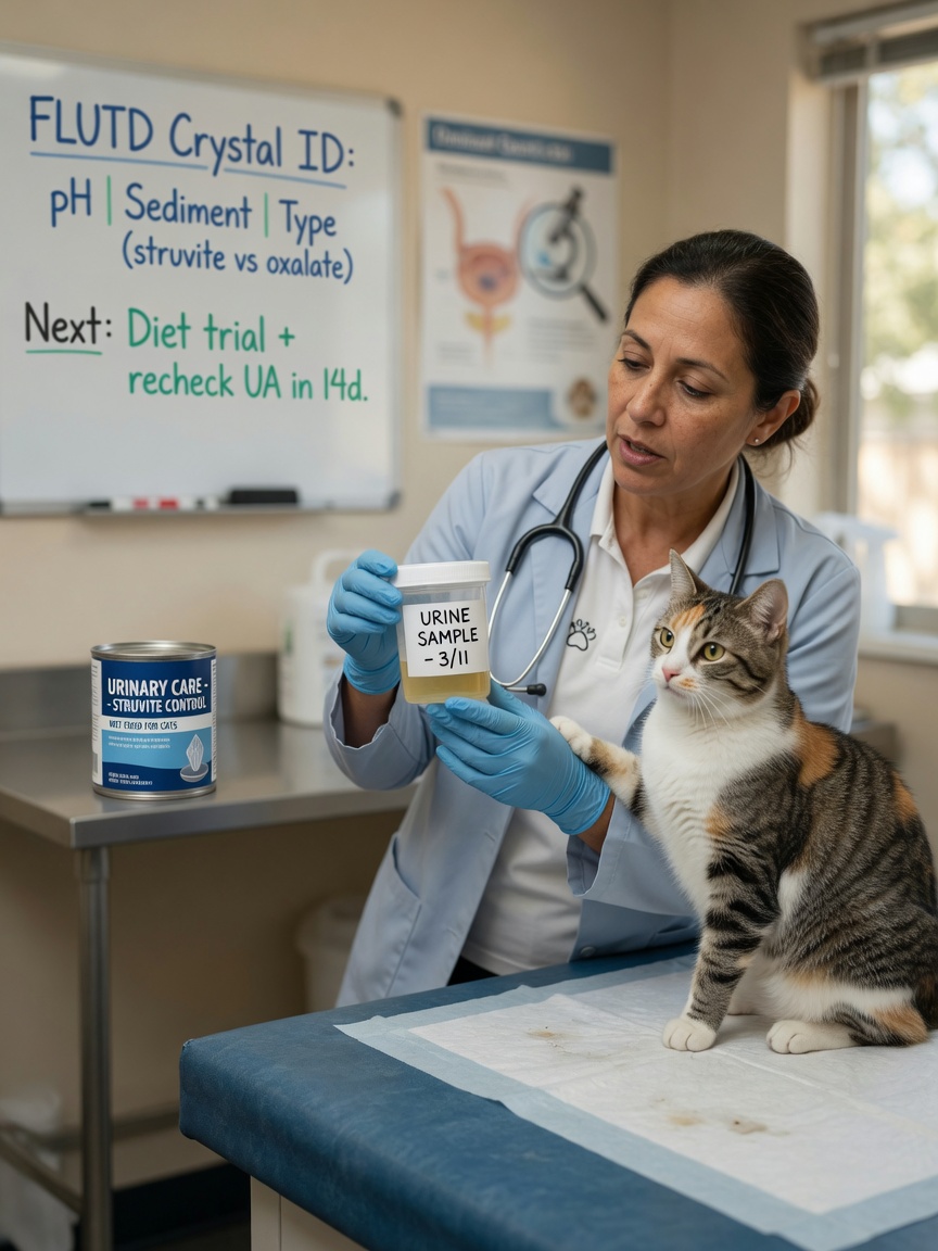 Veterinarian performing urine analysis on tabby and white cat to determine crystal type for appropriate urinary diet selection