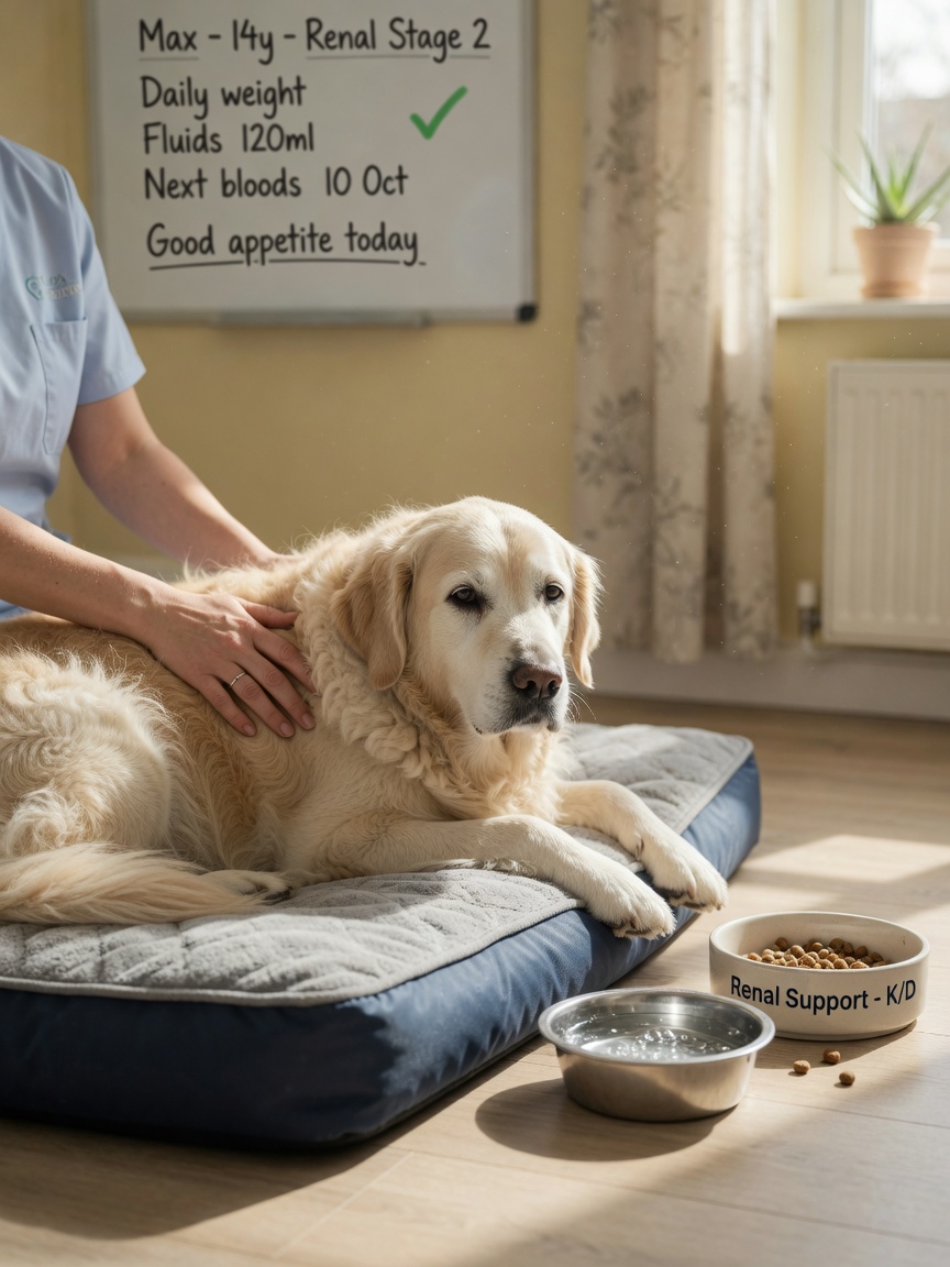 Senior dog receiving compassionate care with prescription renal diet management at home
