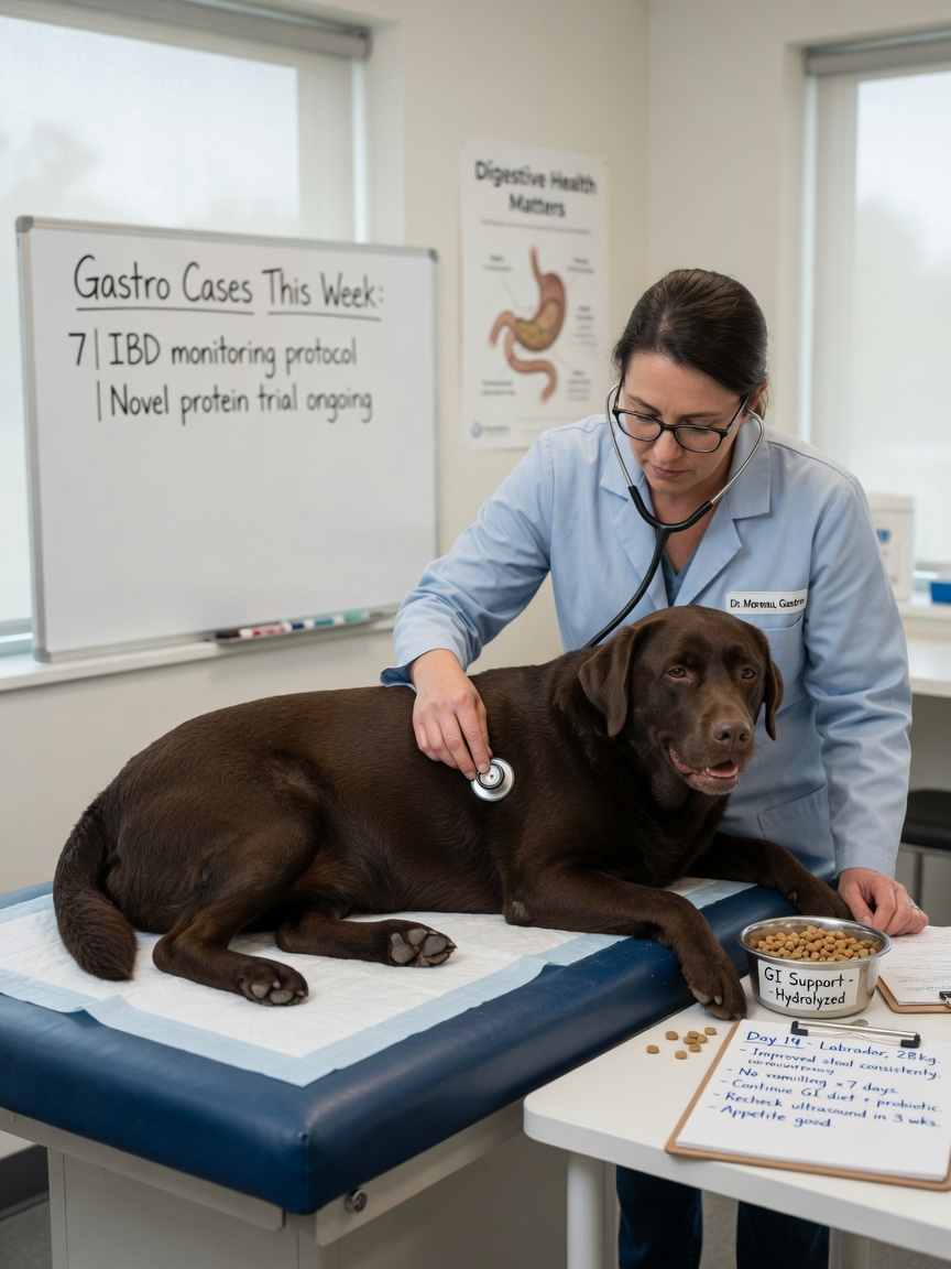 Veterinarian performing abdominal examination on a dog being treated with prescription gastrointestinal diet