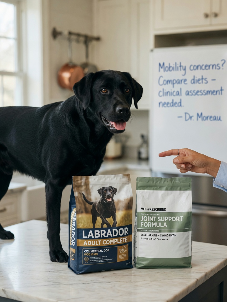 Comparison of standard and prescription dog food options with a healthy dog