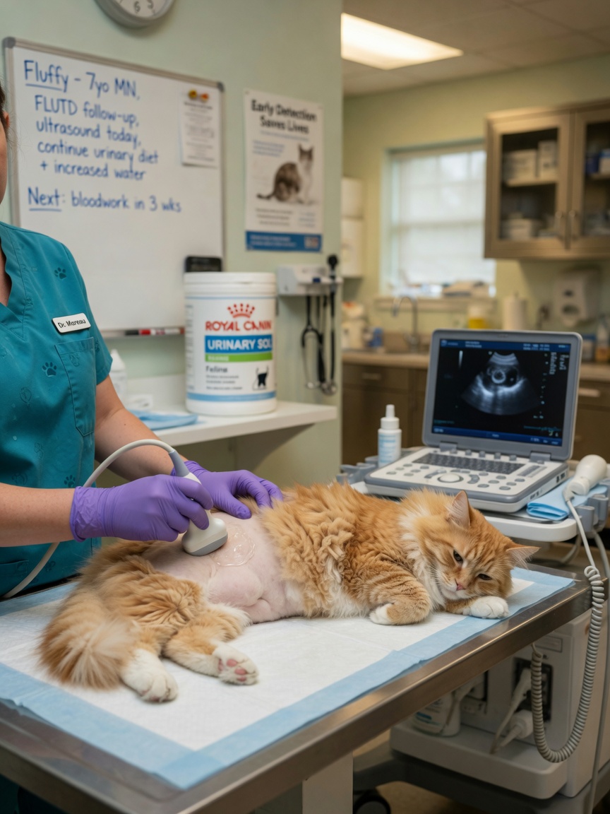 Veterinarian performing ultrasound examination on a cat to confirm urinary tract disease diagnosis