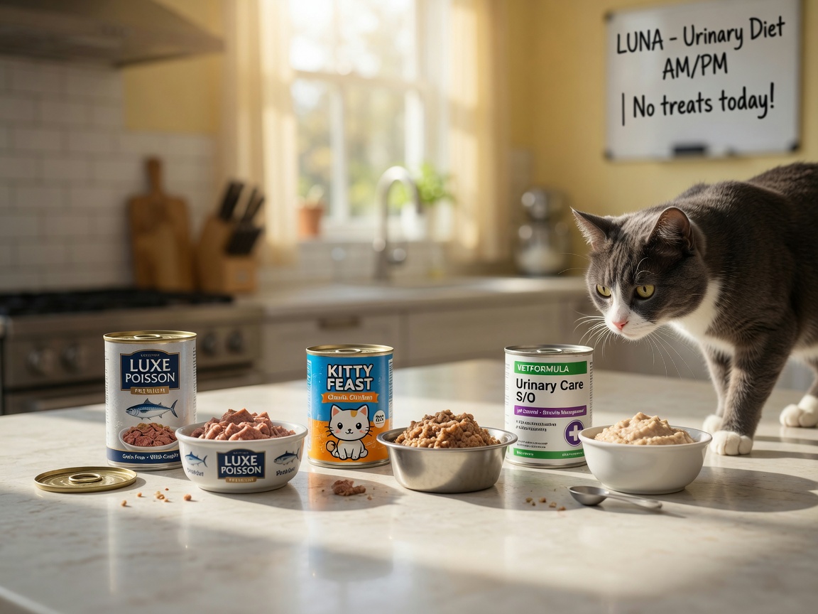 Cat approaching multiple bowls displaying different grades of urinary diet foods from commercial to prescription options