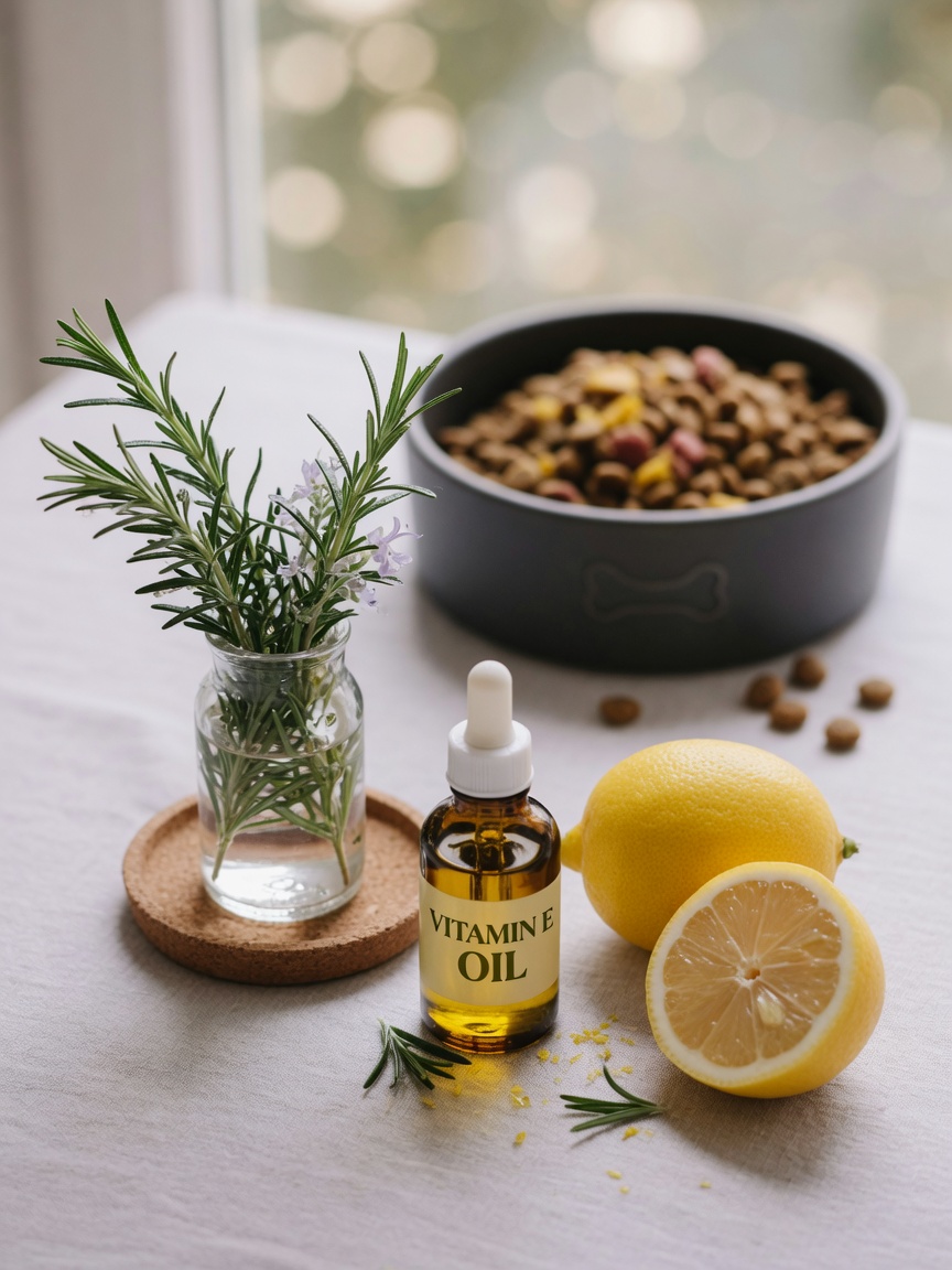 Natural preservative ingredients including rosemary, vitamin E, and lemons arranged with dog kibble bowl.
