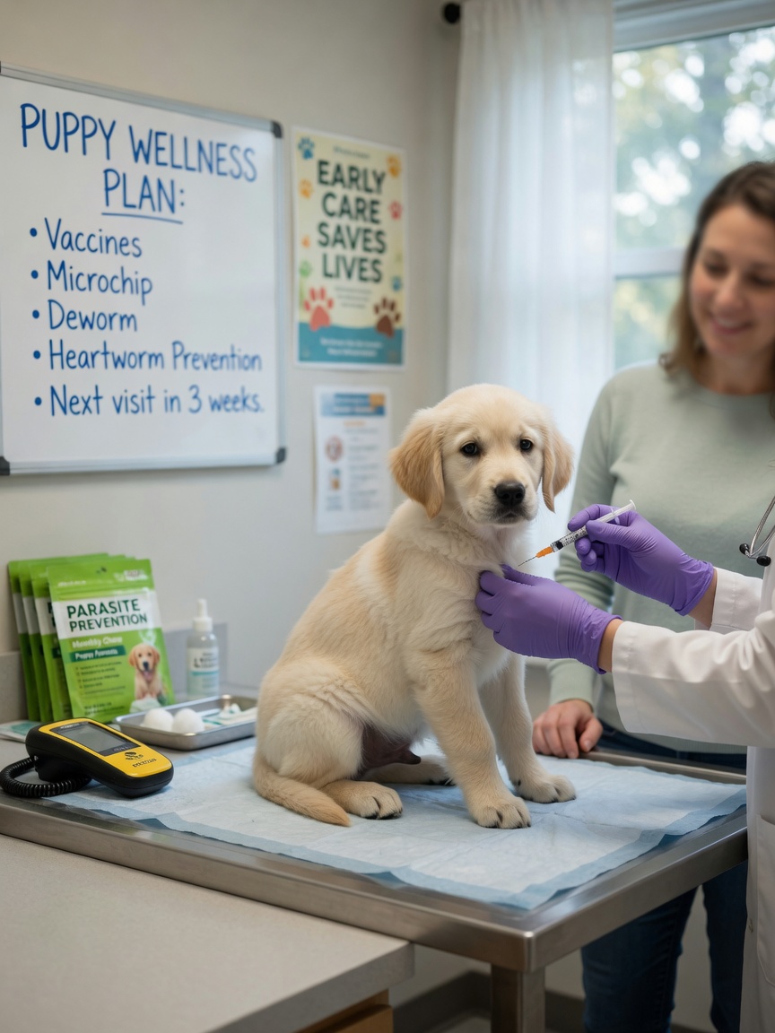 Veterinarian vaccinating a golden retriever puppy during its first-year preventive care visit