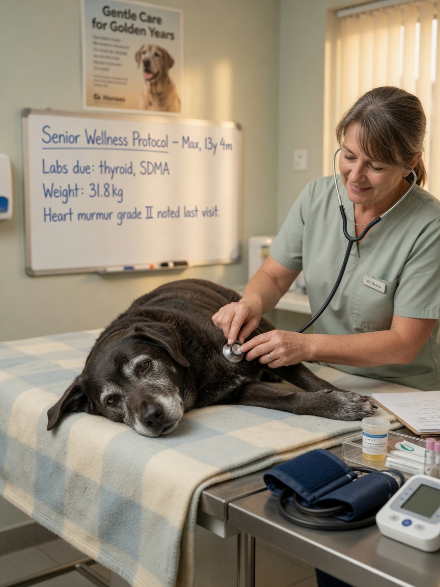 Senior Labrador undergoing biannual preventive examination with blood pressure check and health assessment