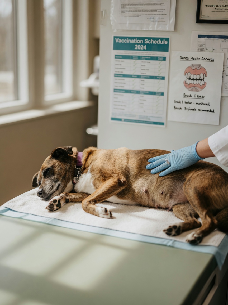 Veterinarian performing preventive health examination on a dog during routine wellness visit