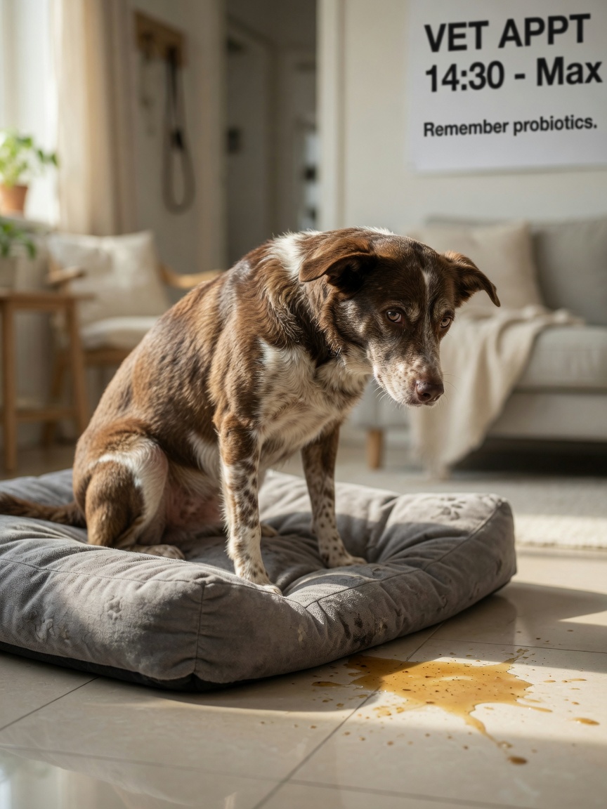 A dog with acute diarrhea resting on a bed, showing signs of digestive discomfort
