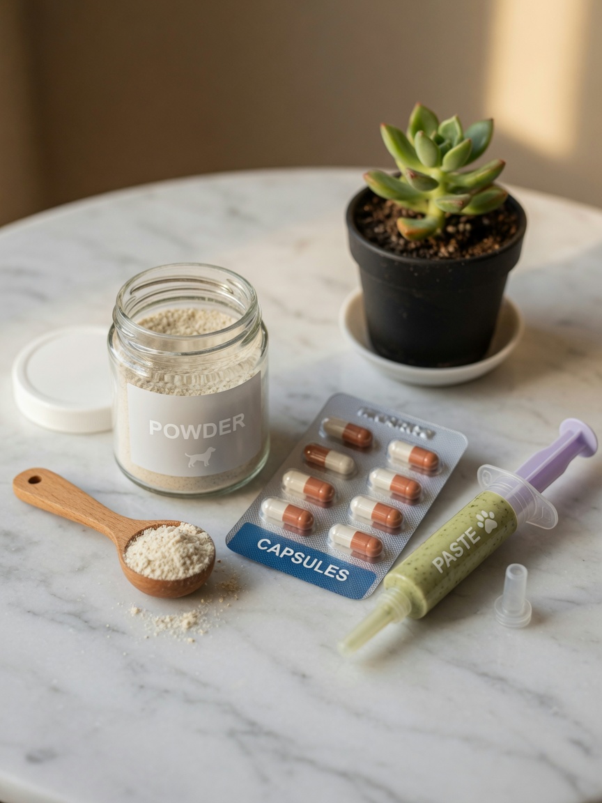 Selection of probiotic supplement formats including powder, capsules, and paste for dogs