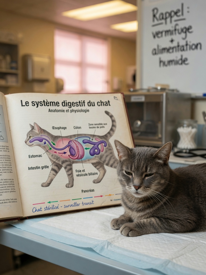 Veterinarian discussing feline digestive system with cat owner during clinic visit