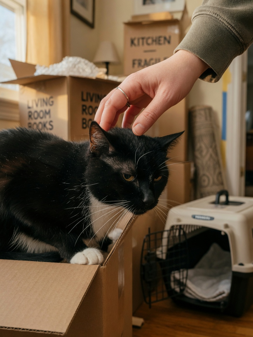 Owner comforting a stressed cat during a house move or environmental change