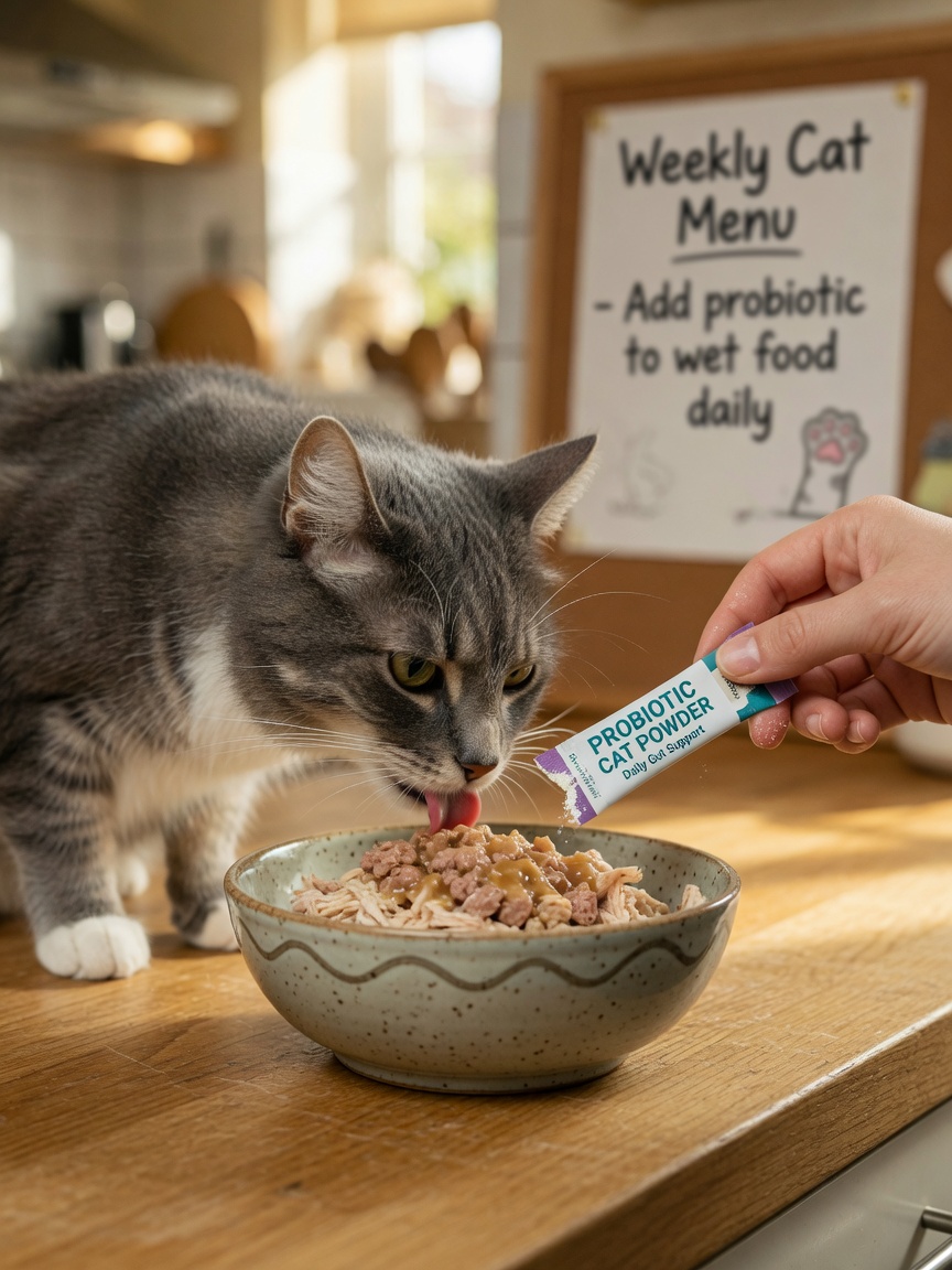 Cat eating wet food from a bowl with probiotic powder being added