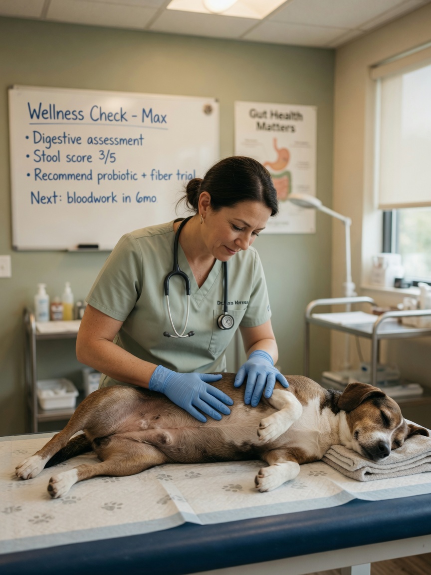 Veterinarian examining a dog's abdomen during a wellness consultation in a clinic setting